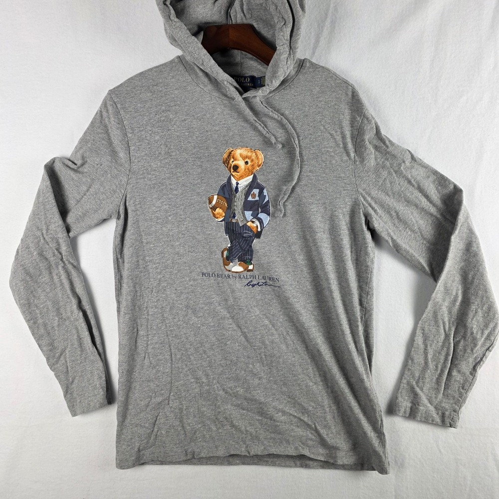 Polo Ralph Lauren Men's Gray Polo Bear Football Graphic Hoodie Shirt Size S
